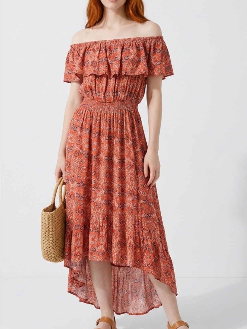 New Look Off-Shoulder Rust Orange Floral High-Low Midi Dress
